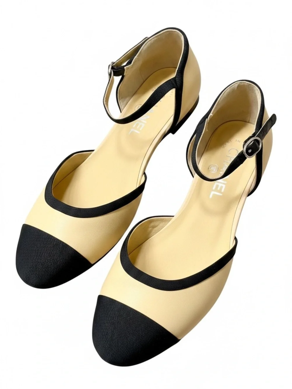Chanel Two-Tone Beige & Black Mary Jane Flat Ankle Strap Shoes 40